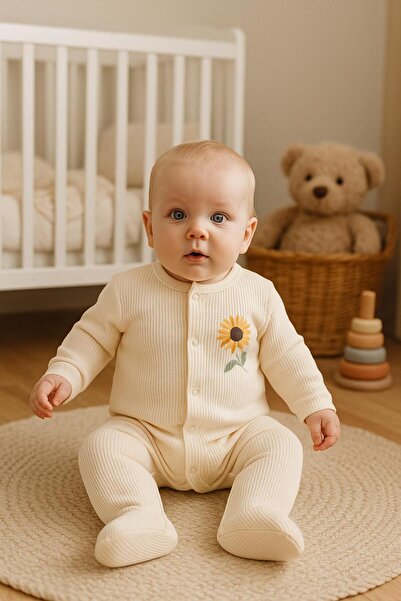 Necix's Kız Bebek Çiçek Desenli Pamuklu Tulum Uzun Kollu Kendinden Patikli