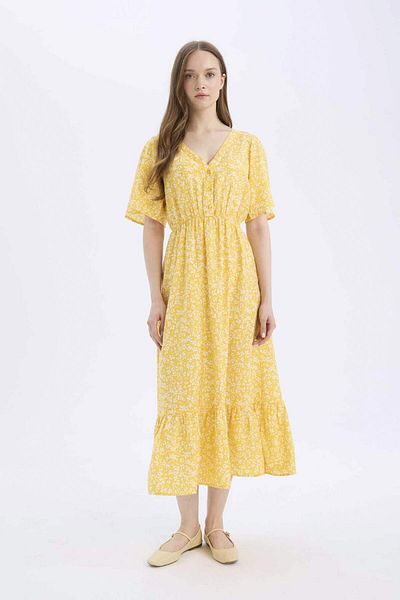 DeFacto A-Line V-Neck Floral Print Short Sleeve Midi Dress E1127Ax25Sm