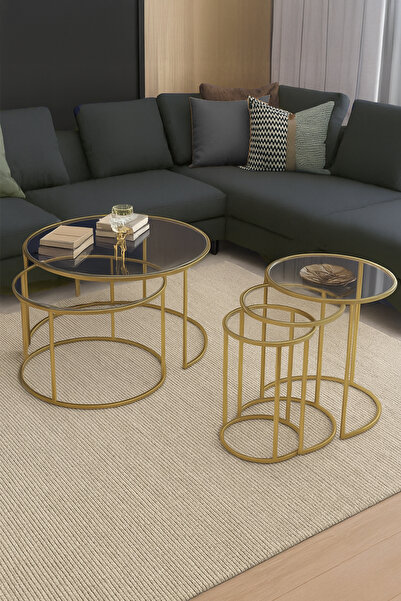 DEKOPRATİK BELARUS ORTA SEHPA GOLD 60CM & ALYA GOLD ZİGON SEHPA ŞEFFAF CAM