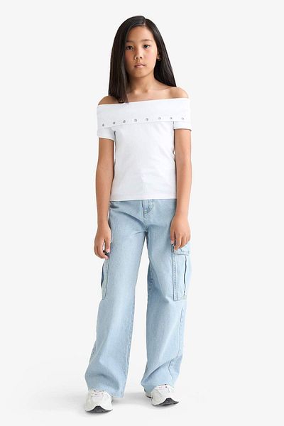 DeFacto Girls Slim Fit Slim Fit Off-The-Shoulder Collar Printed Rib Short Sleeve T-Shirt F7130A825Au