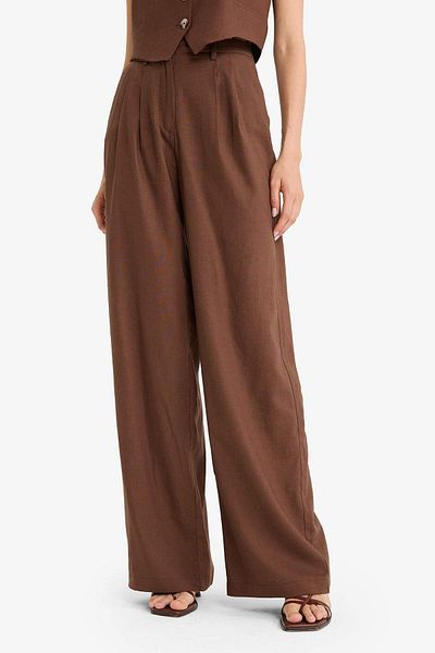 DeFacto Wide Leg Double Pocket High Waist Standard Length Linen Blend Pants E1986Ax25Sm
