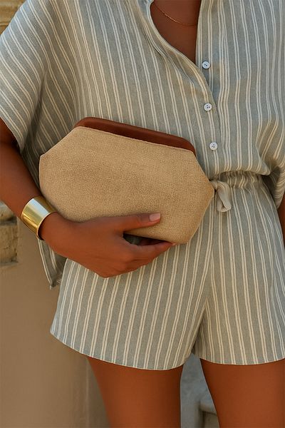 BAHELS Women's Brown Color Detailed Jute Straw Portfolio & Clutch Bag