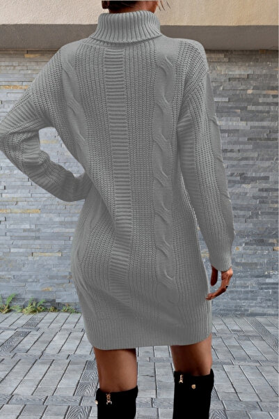 hanope Πλεκτό μαλλί & Πλεκτό Θεσσαλονίκης Πλεκτό Μοτίβο Σύνδεσμοι Λεπτομέρεια Λαιμόκοψη Μακρυμάνικο Πλάτη Λεπτομέρεια Γκρι Πλεκτό Φόρεμα Τούνικ