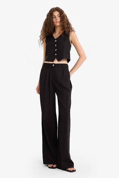 DeFacto Wide Leg Double Pocket High Waist Standard Length Linen Blend Pants E1986Ax25Sm