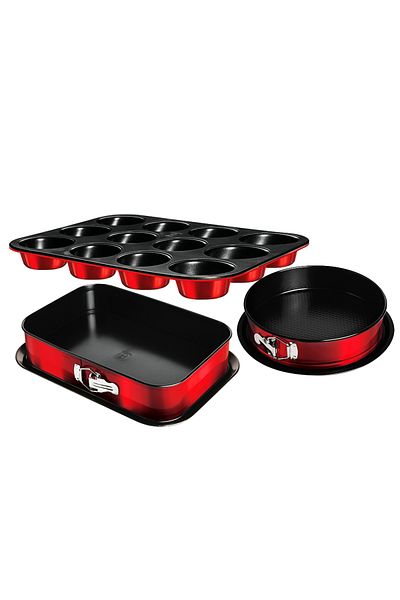 Berlinger 3 Pcs Oven Mold Set Cake Bake Set Titanium Coated Baking Tin Set Burgundy Metallic Line Muffin