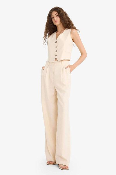 DeFacto Wide Leg Double Pocket High Waist Standard Length Linen Blend Pants E1986Ax25Sm
