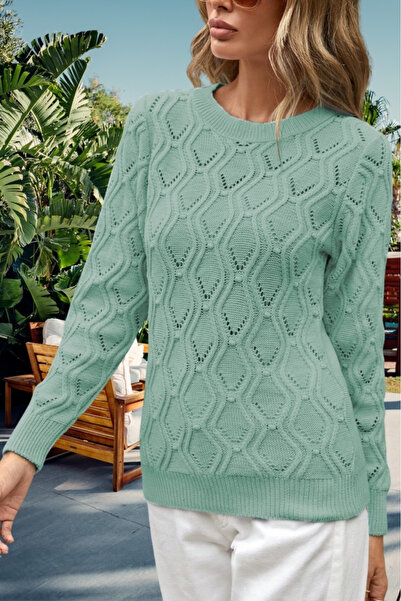 hanope Γυναικείο πλεκτό πουλόβερ με διάτρητο σχέδιο με πλεκτό μέντα