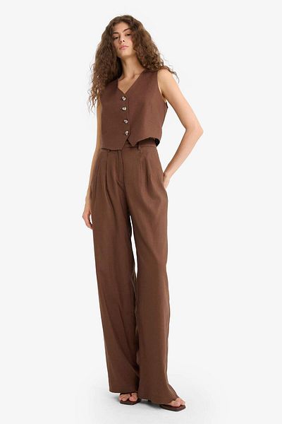 DeFacto Wide Leg Double Pocket High Waist Standard Length Linen Blend Pants E1986Ax25Sm