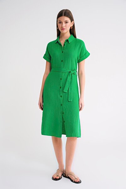 Mixray 3972 فستان نسائي بحزام وأكمام قصيرة وياقة قميص أخضر