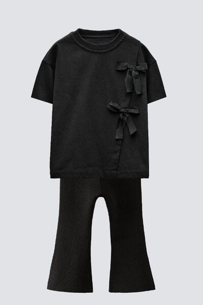 Monila Lányok Grosgrain masni részletes pamut póló és spanyol kiszélesedő leggings alsó felső szett