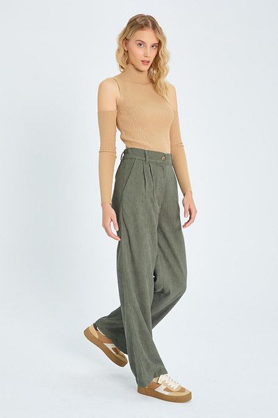 Mixray 4603 Pantaloni largi plisați din catifea kaki pentru femei