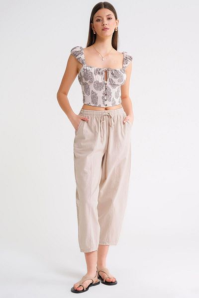 Mixray 4436 Women's Linen Striped Shalwar Trousers Stone