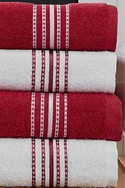 MODALİN Bath Towel Set 4-Piece Burgundy-White Elvin – Soft Texture, Quick Dry (70X140 X2 /50X90Cm X2 cm)