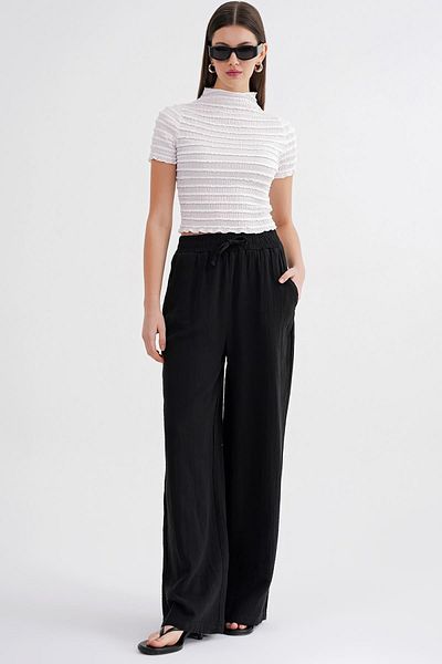 Mixray 4286 Women's Elastic Waist Muslin Palazzo Trousers Black