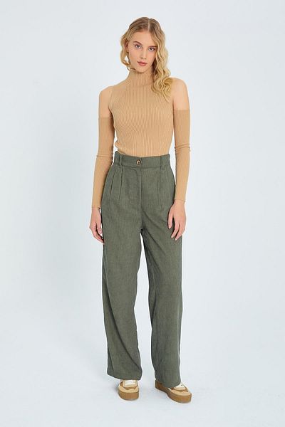 Mixray 4603 Pantaloni largi plisați din catifea kaki pentru femei