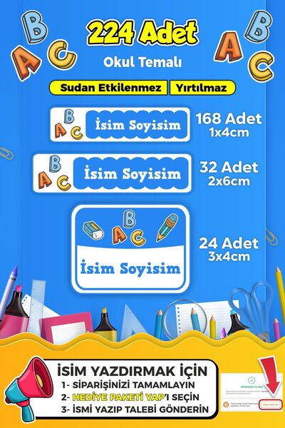 SB store Okul Kreş Etiketi Kalem Defter Özel Isim Yazılabilen Etiket Seti Mod...