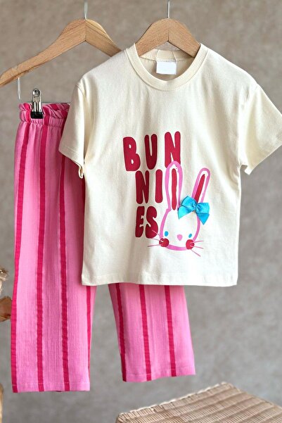 Monila Girl's Muslin Jogger Pants Printed Ribbon Detailed Underwear Set