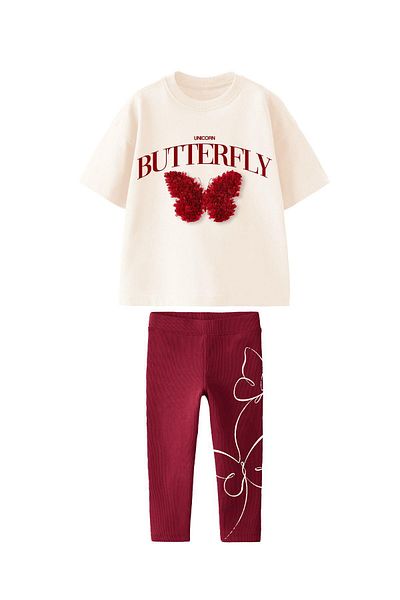 Monila Girl's Cotton Fabric 3D Butterfly Embroidered Tshirt Leggings Bottom Top Set
