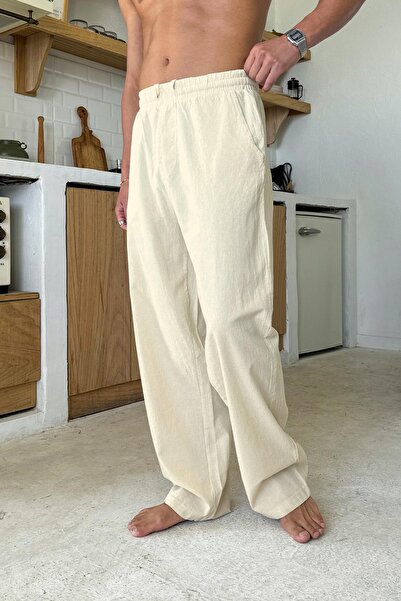 Flaw Wear Bel Lastikli Rahat Kesim Bej Keten Pantolon
