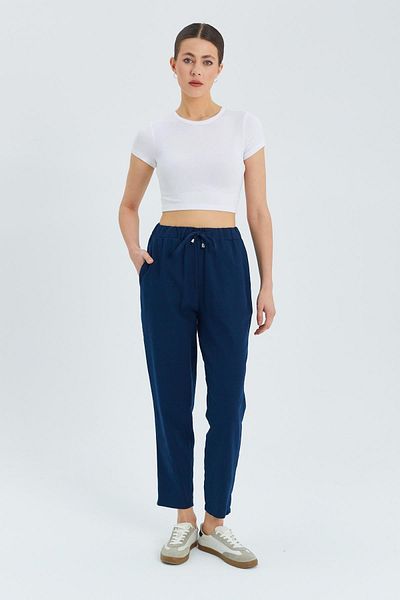 Mixray 4566 Women's Elastic Waist Linen Trousers Navy Blue