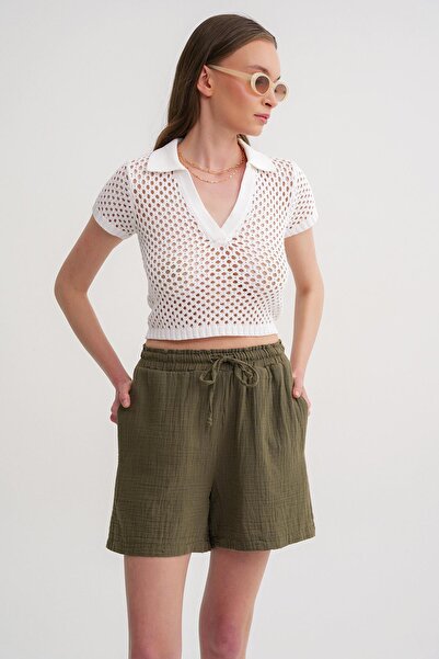 Mixray 4548 Kadın Beli Lastikli Müslin Şort Haki