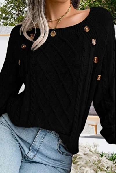 hanope Kadın Kayık Yaka Saç Örgü Desenli Düğme Detaylı Siyah Triko Kazak