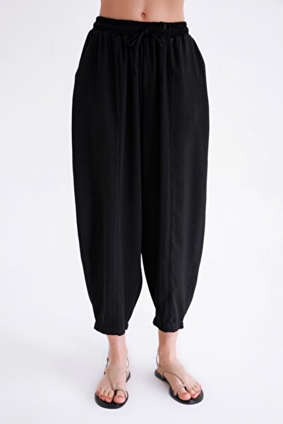 Mixray 4307 Kadın Beli Lastikli Parçalı Şalvar Pantolon Siyah