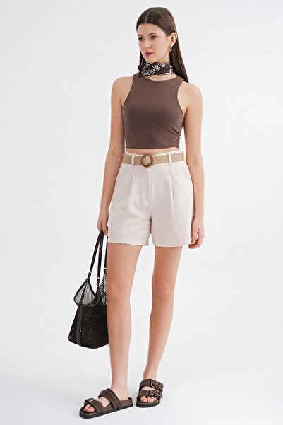 Mixray 4051 Women's Straw Belted Linen Bermuda Shorts Natural