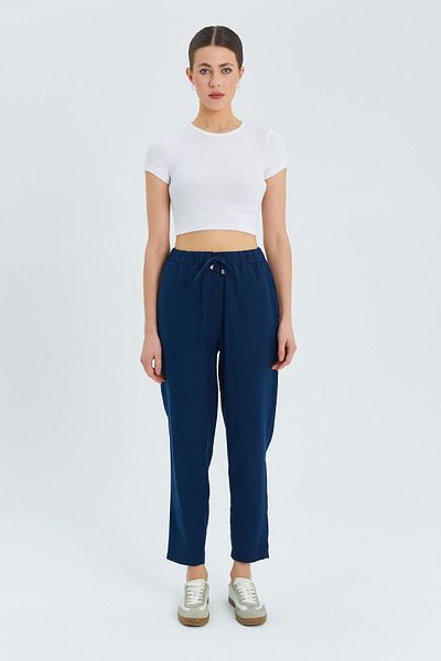 Mixray 4566 Women's Elastic Waist Linen Trousers Navy Blue