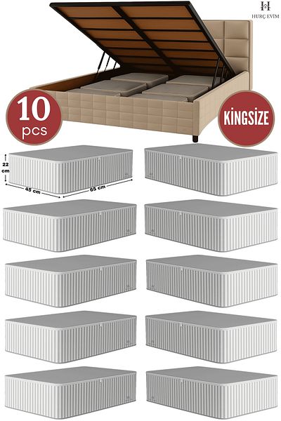 Evida 10 Pieces - Anthracite Striped Large Size Storage Bag Set - under Base and Sofa Bed Type Organizer - 65X45X22 cm