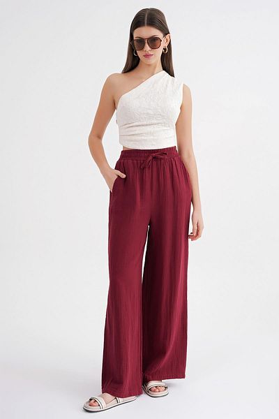 Mixray Women's Elastic Waist Muslin Palazzo Trousers - Claret Red