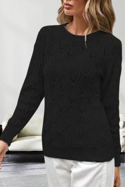 hanope Pulover negru tricotat pentru femei, cu modele ajurate