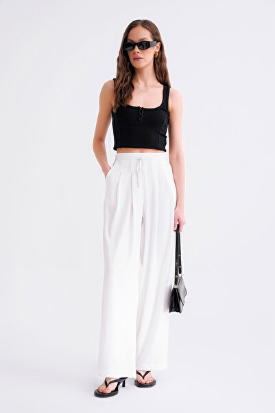 Mixray 4681 Women's Tie-Up Double Pleated Palazzo Wide Leg Trousers Snow White