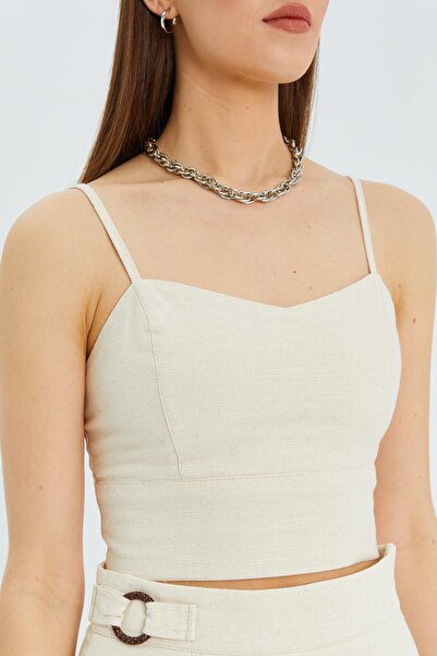 Mixray 4564 Model Natural Linen Blouse - Gipe Detailed Straps