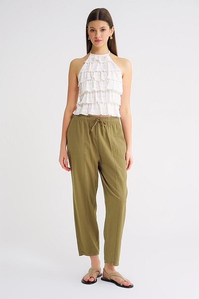 Mixray 4436 Women's Linen Drawstring Shalwar Trousers Khaki