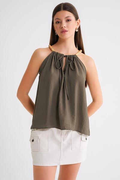 Mixray 4664 Γυναικεία μπλούζα με λουράκι με χάντρες Χακί