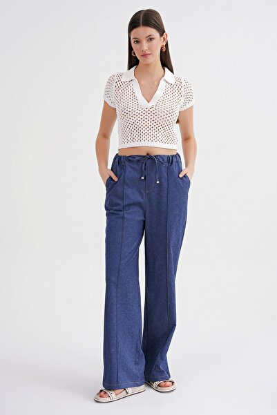 Mixray 4679 Women's Elastic Waist Tied Denim Trousers Indigo