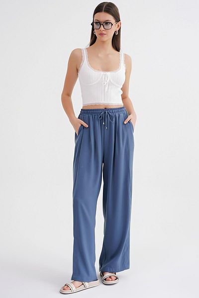 Mixray 4668 Women's Pleated Palazzo Trousers Indigo Color