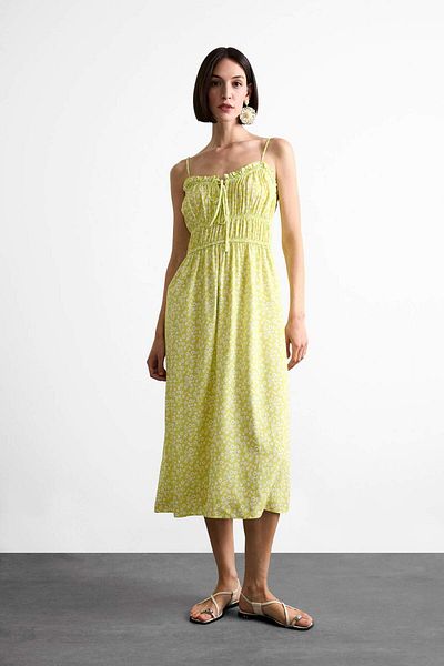 DeFacto Rochie midi cu model floral, cu șnur, cu bretele F7568AX25SM