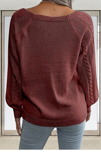 hanope Γυναικείο πλεκτό πουλόβερ με λαιμόκοψη με μοτίβο με κουμπιά με λεπτομέρεια από κανέλα