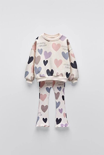 Monila Girl's Heart Printed 3 Thread Fabric Ribbed Spanish Leg Tights Top Set