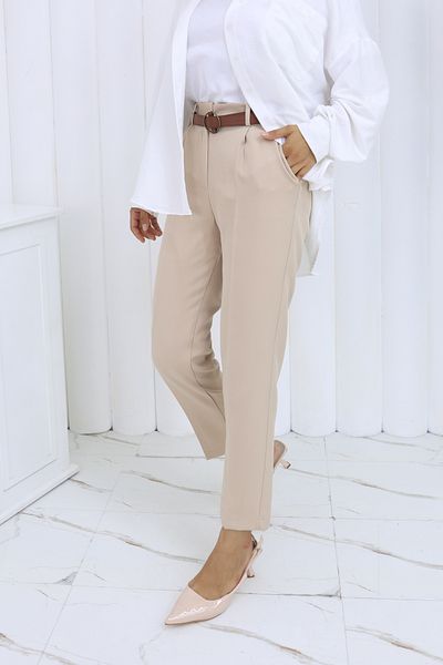HANIMCA GİYİM Belted Waist, Elastic Back, Side Pockets, Pencil Cut Summer Pants