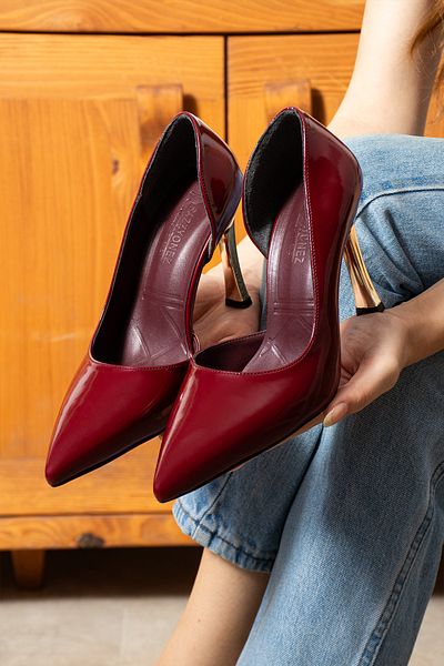 Pazzyonez Women's Burgundy Patent Leather Wedding and Engagement Evening Dress Stiletto Heeled Shoes for Special Occasions