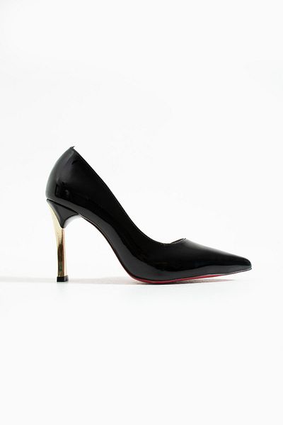 Pazzyonez Lenox Women's Black Patent Leather Thin Gold Heel Wedding Engagement Evening Dress Heeled Shoes Stiletto