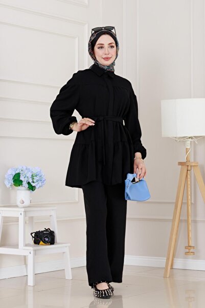 Sevitli Set tunică cu volan în fusta-Negru