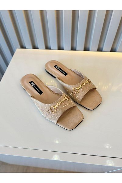 M&B This Special Design Slippers with Exquisite Stone Decorations and Gold Detailed Buckle .Large Size between 36 and 43