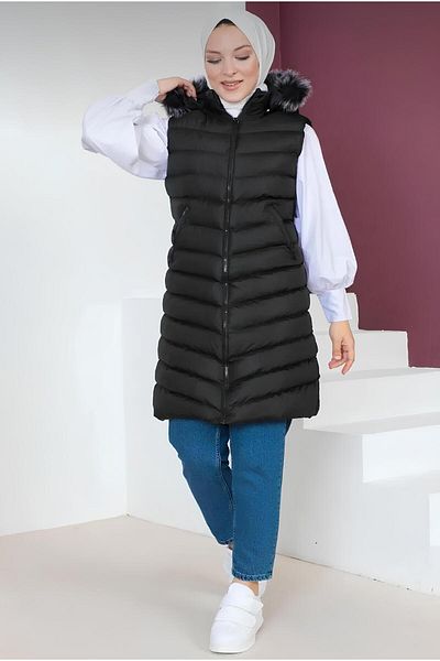 moda armanc سترة طويلة سوداء قابلة للنفخ مع غطاء رأس من الفرو