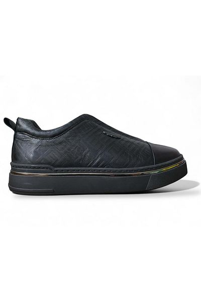 LUCIANO BELLINI Men's Leather Laceless Comfort Casual Shoes C11764 - Black - 44