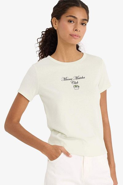 DeFacto Reguläre Passform, geripptes Kurzarm-T-Shirt mit Rundhalsausschnitt und Aufdruck F5106ax25sm