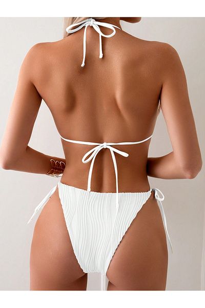 poswicon Set de bikini alb pentru femei, cu detaliu de șireturi laterale